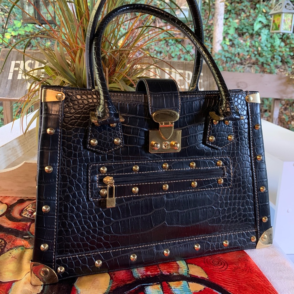 Black Croc Embossed Handbag with Gold Accents